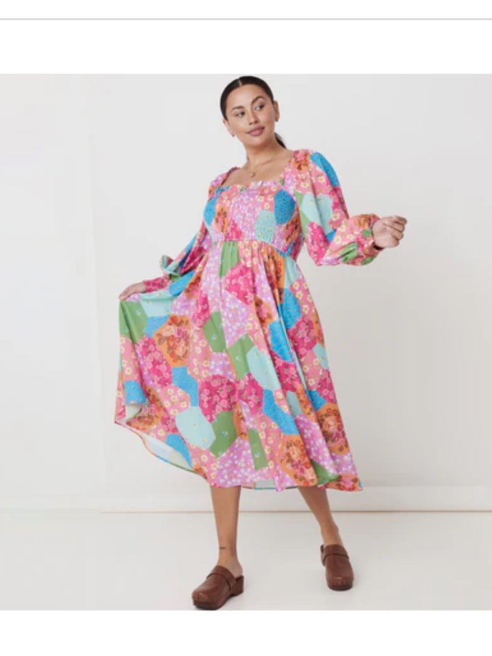 Spell Patchwork Floral Midi Dress in Pink, Blue & Green